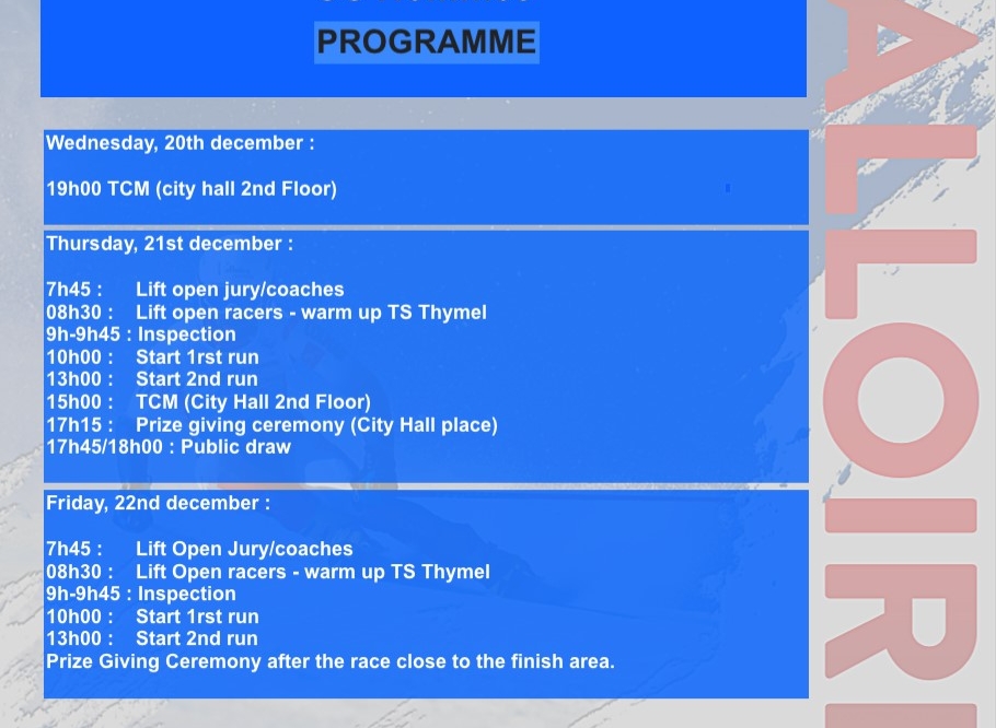 Coupe d'Europe - Programme détaillé / Detailed Program