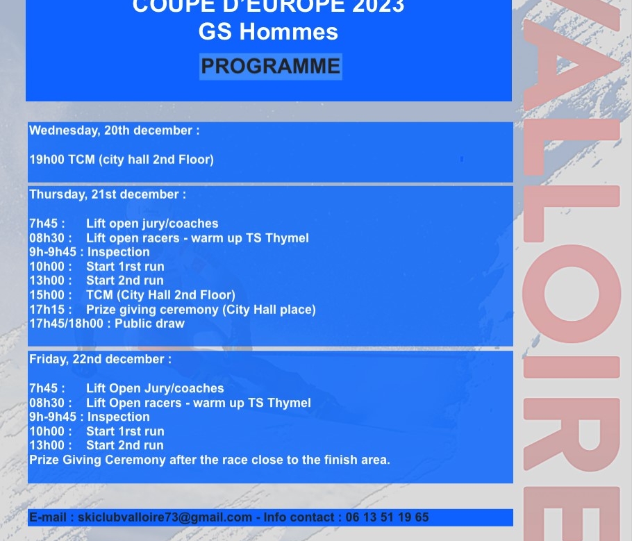 Coupe d'Europe - Programme détaillé / Detailed Program